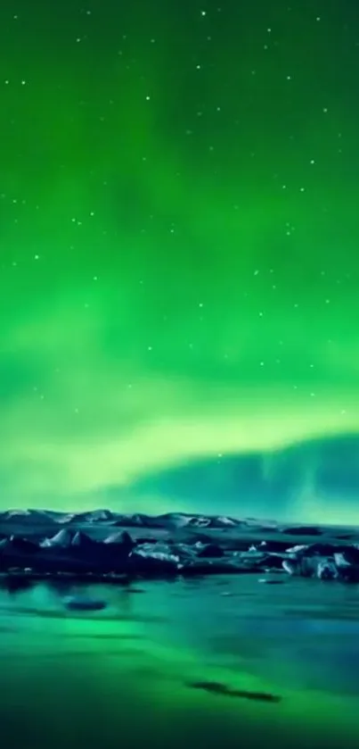 Vibrant green Aurora Borealis over icy landscape under starry night sky.