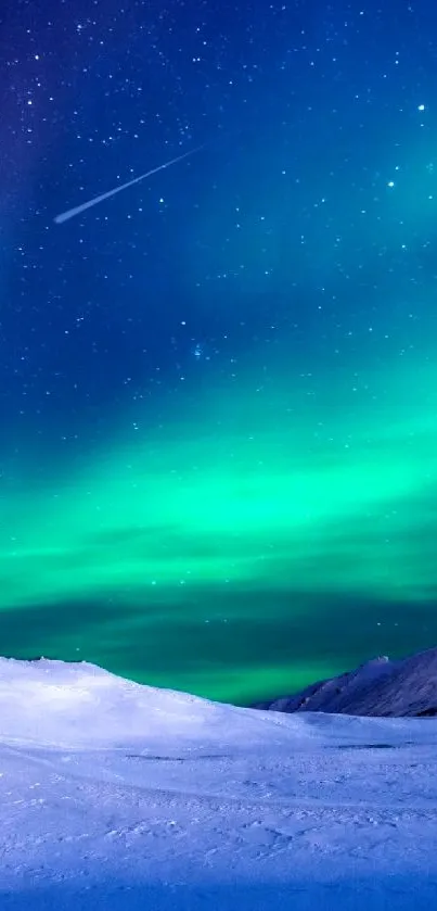 Vivid aurora borealis illuminates the night sky over a snowy landscape.