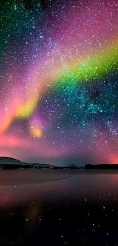 Vibrant aurora borealis illuminating the night sky with stars and reflections.