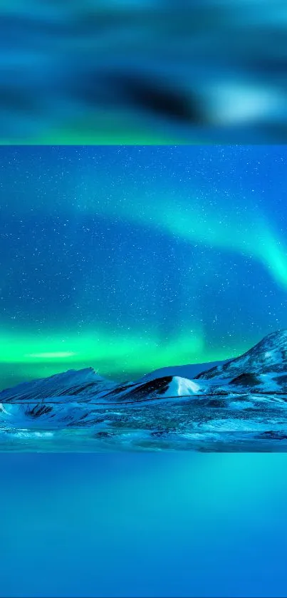 Aurora borealis illuminating a snowy landscape under a starry night sky.