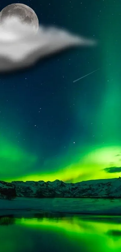 Vibrant aurora borealis with moon over mountainous landscape.