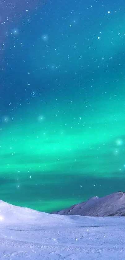 Aurora Borealis illuminating a snowy landscape under a starry night sky.