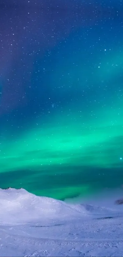 Vibrant Aurora Borealis over snowy landscape at night.