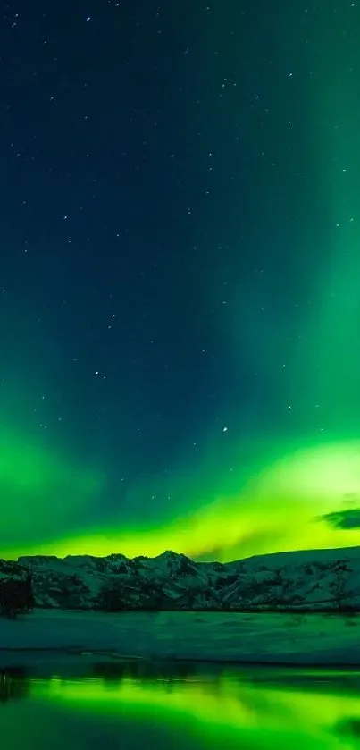 Vibrant aurora borealis with green hues illuminating a serene starlit night sky.