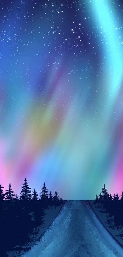 Colorful aurora borealis over a dark forest night sky.