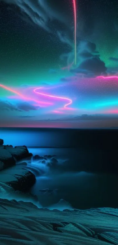 Neon aurora borealis over a dark sea with a starry night sky.