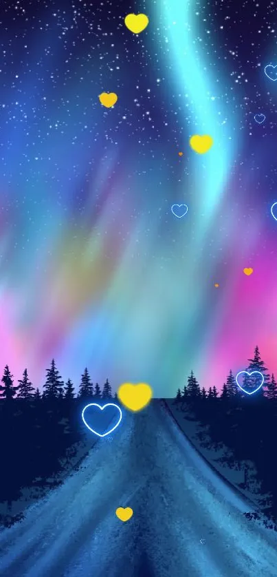 Enchanting aurora with colorful night sky and forest silhouette.