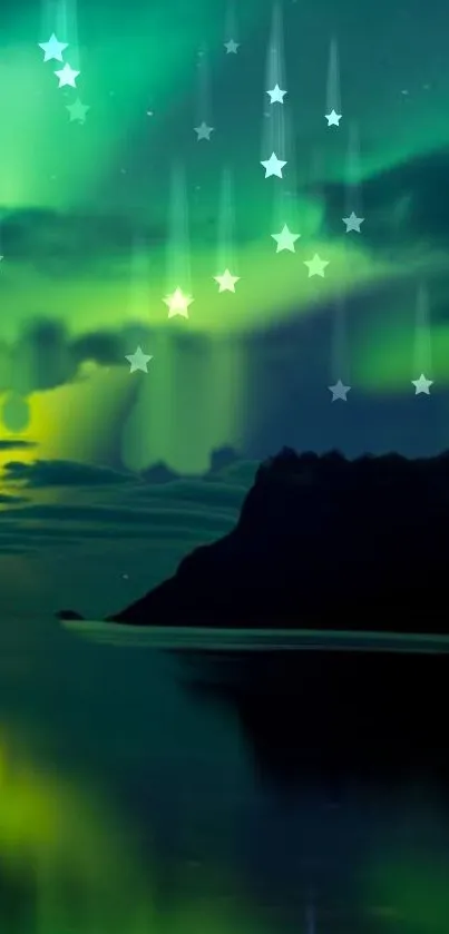 Green aurora borealis with stars reflecting over calm waters and mountains.