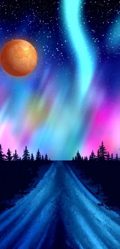 Vibrant aurora borealis night sky with starry background and moon.