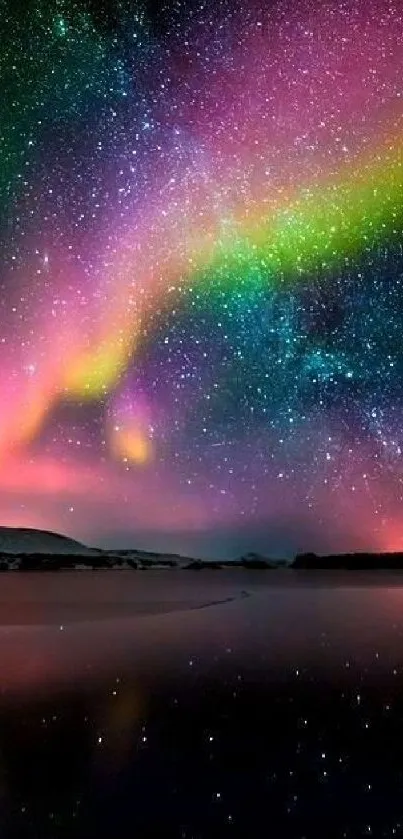 Colorful aurora borealis reflected on a lake under a starry night sky.