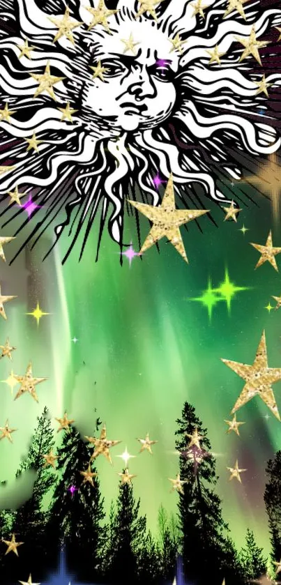 Aurora borealis illuminating the night sky over a silhouetted forest.