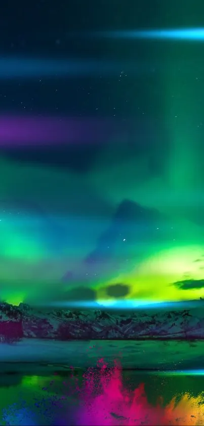 Stunning aurora borealis over snowy mountain landscape at night.
