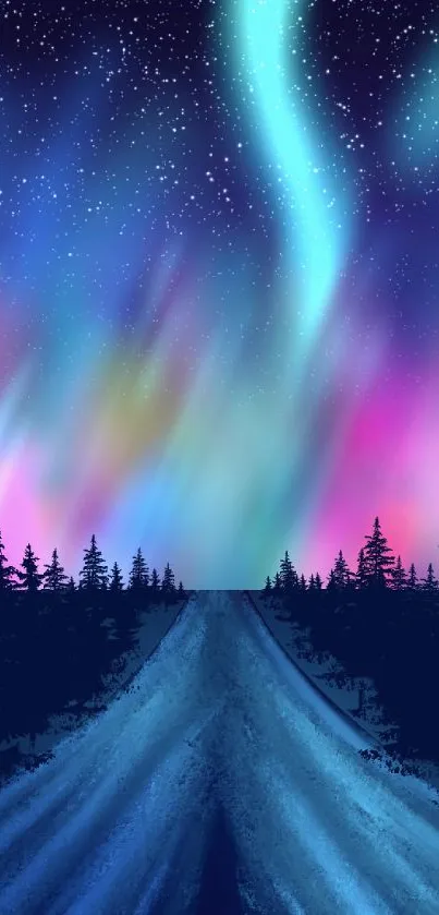 Colorful aurora borealis over a forest and snowy road at night.