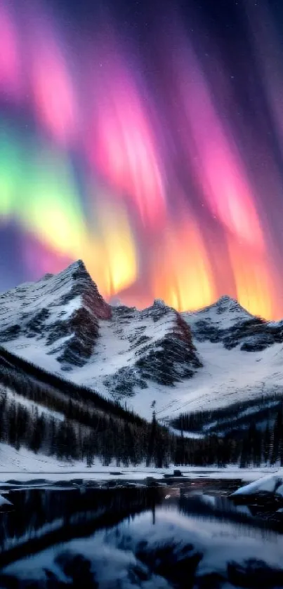 Stunning aurora borealis over snowy mountains reflecting in a serene lake.