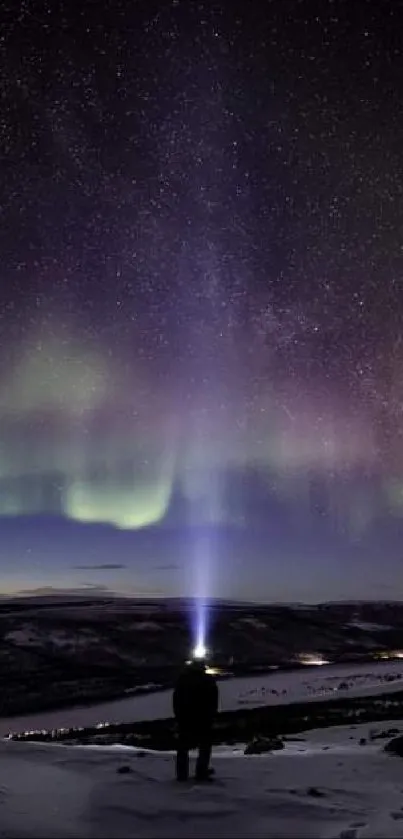 Aurora Borealis illuminating a snowy landscape under a starry night sky.