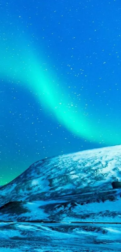 Aurora Borealis over snowy landscape with vibrant blue and green hues.