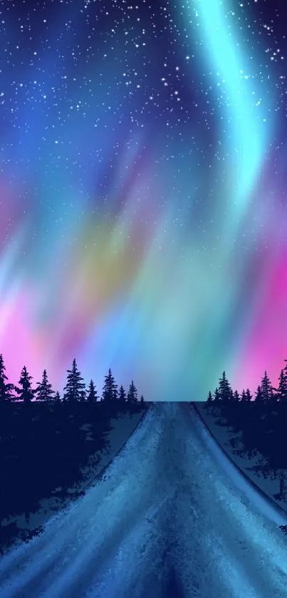 Aurora Borealis over forest with vibrant night sky.