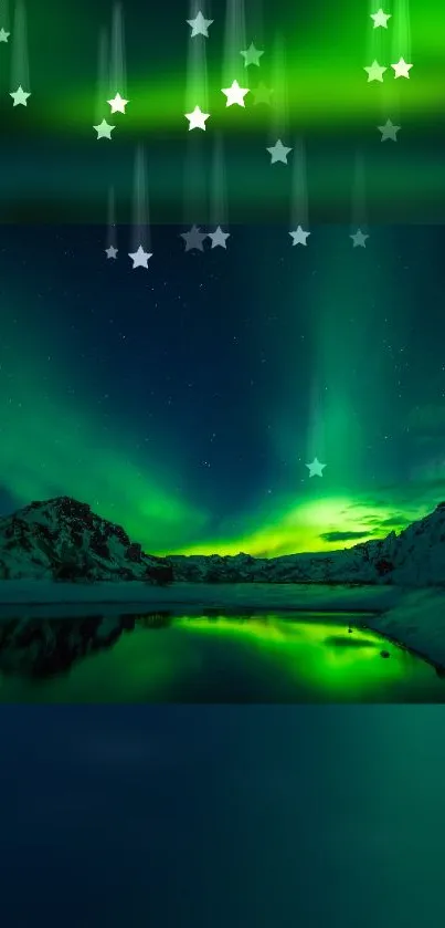 Aurora borealis over snowy mountains with starry sky.