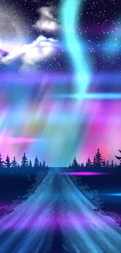 Night sky with aurora borealis over a forest and road.