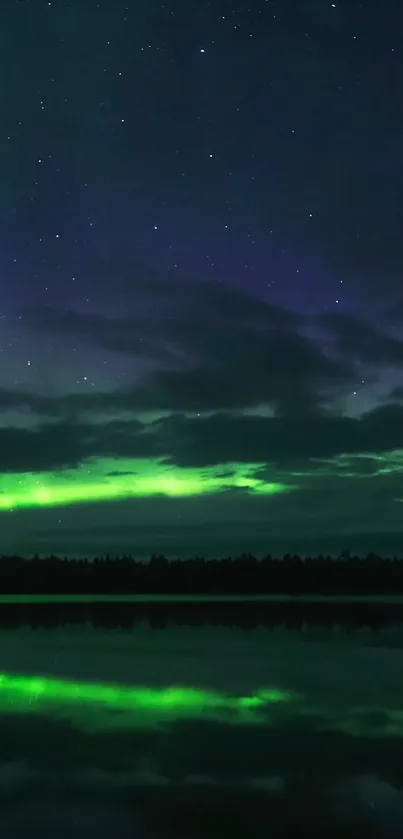 Captivating aurora borealis reflecting on a tranquil lake at night.