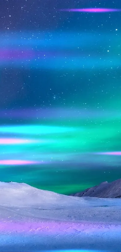 Aurora Borealis lights over a snowy landscape at night.