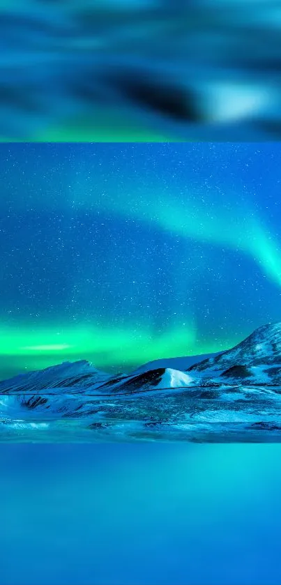 Vibrant aurora borealis over snowy mountains at night.