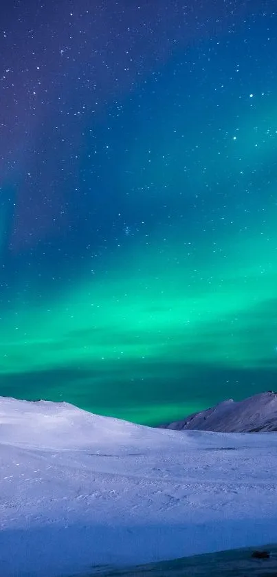 Aurora Borealis over snowy mountains, teal night sky.