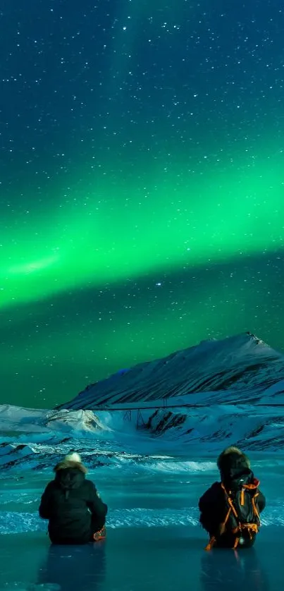 Aurora borealis over icy landscape with green lights in the Arctic night sky.