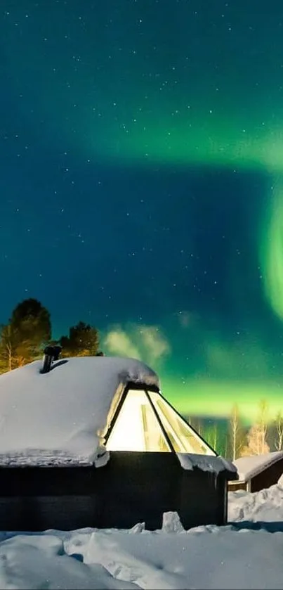 Aurora Borealis over snow-covered igloos at night.