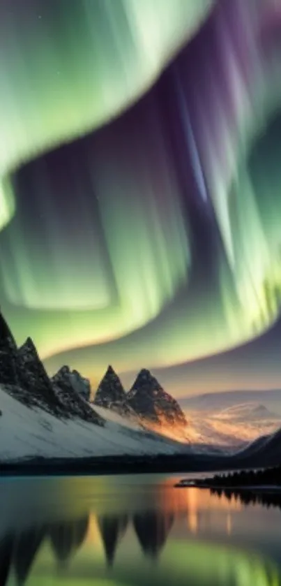 Northern Lights over serene snowy mountains with a reflective lake view.
