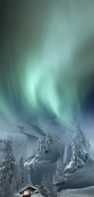 Aurora Borealis lights up a snowy forest in a stunning phone wallpaper.