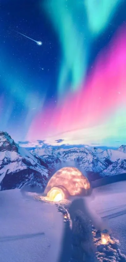 Igloo under Northern Lights with starry sky and mountains.