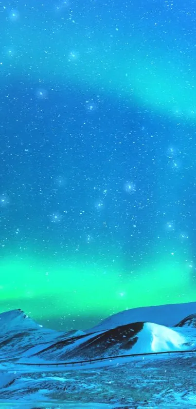 Aurora Borealis lights over snowy mountains at night.