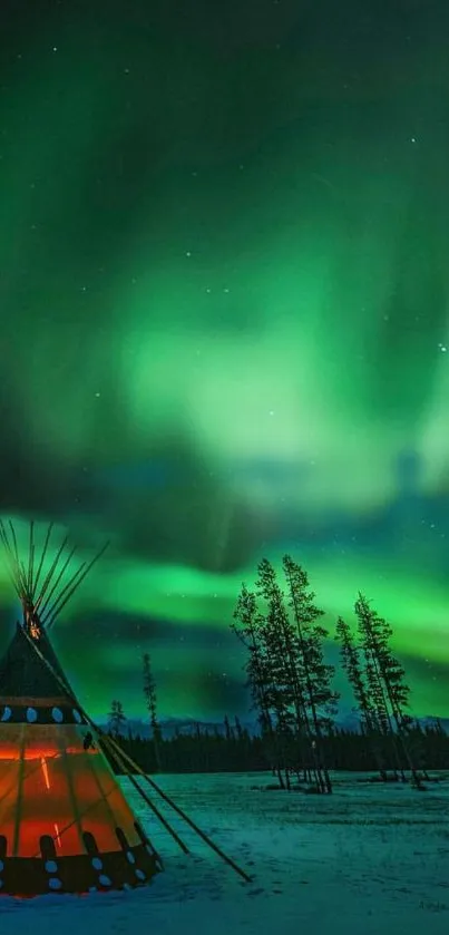 Vivid aurora borealis above snowy landscape with glowing tepee and forest.