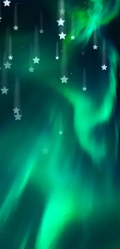 Vibrant Aurora Borealis lights in green and blue hues on a starry night sky.