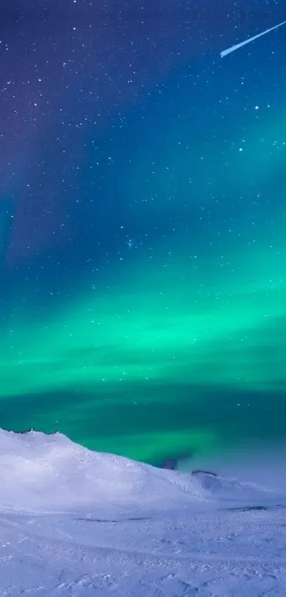 Aurora Borealis illuminating a snowy landscape with vibrant greens and blues.