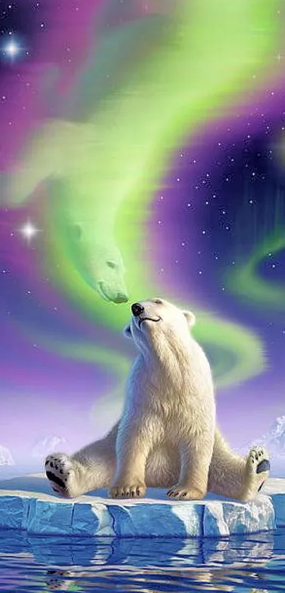Polar bear sitting under aurora lights on an iceberg.