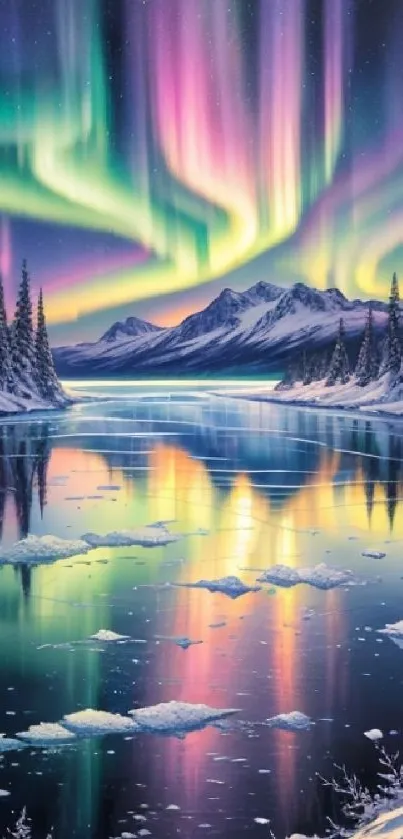 Aurora Borealis reflected on an icy lake with snow-covered mountains.