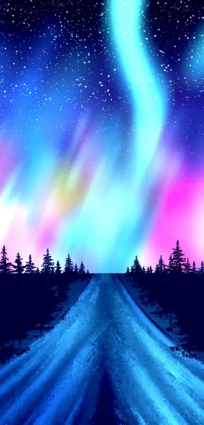 Vibrant Northern Lights wallpaper with starry sky and scenic road.