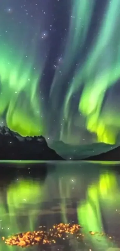 Serene lake with vivid green aurora borealis dancing in the night sky.