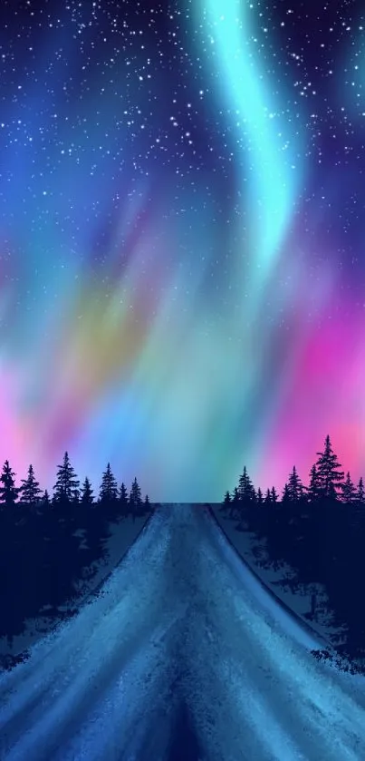 Vibrant Aurora Borealis over forest path with starry sky.