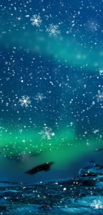 Serene aurora borealis with snowflakes in a night sky over icy landscape.