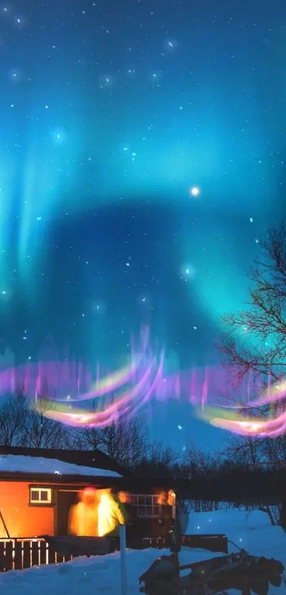 Colorful Aurora Borealis lights illuminating a starry night sky over snowy landscape.