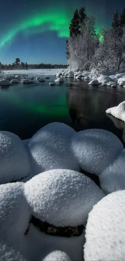 Snowy landscape with aurora borealis glowing in the night sky.