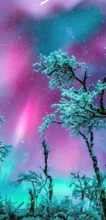 Vibrant aurora borealis over snow-covered trees in winter.