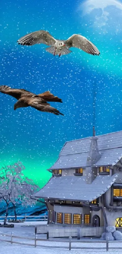 Snowy cabin under aurora with eagles in flight against a blue night sky.