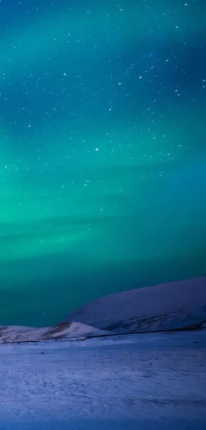 Bright aurora borealis over snow-covered mountains and starry sky.