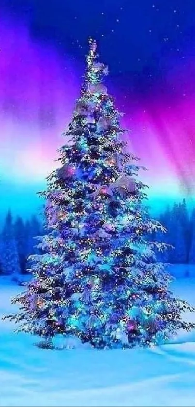 Christmas tree under aurora borealis in a snowy landscape.