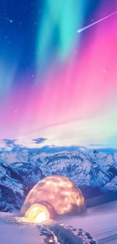 Beautiful winter igloo under vibrant aurora in a snowy mountain landscape.