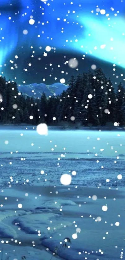 Aurora Borealis with snowflakes over a forest in winter.